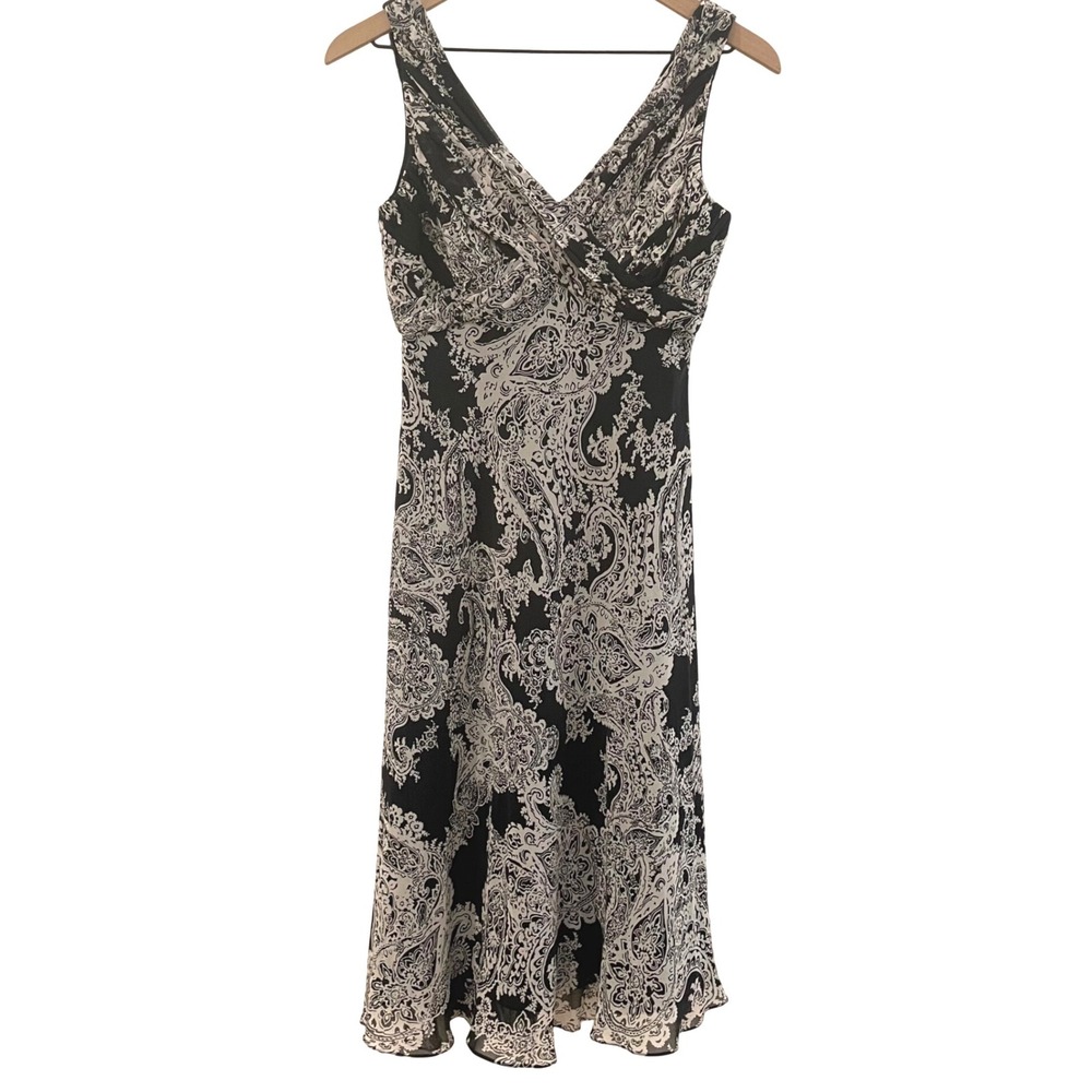 Adrianna Papell Womens 100% Silk Paisley Midi Dress Black White Size 8 Fairy Y2K